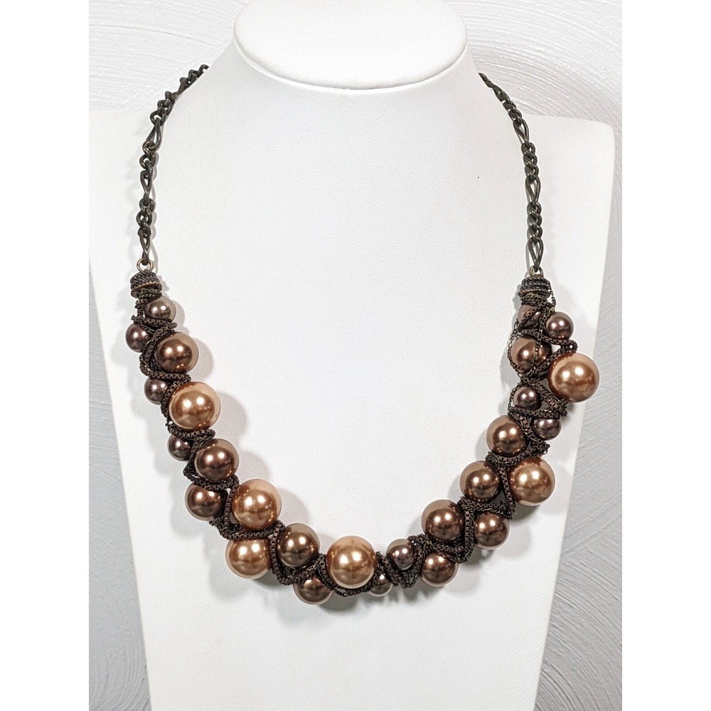 Coldwater Creek Bronze Tone Chain Brown Faux Pearl Necklace 22 inch‎